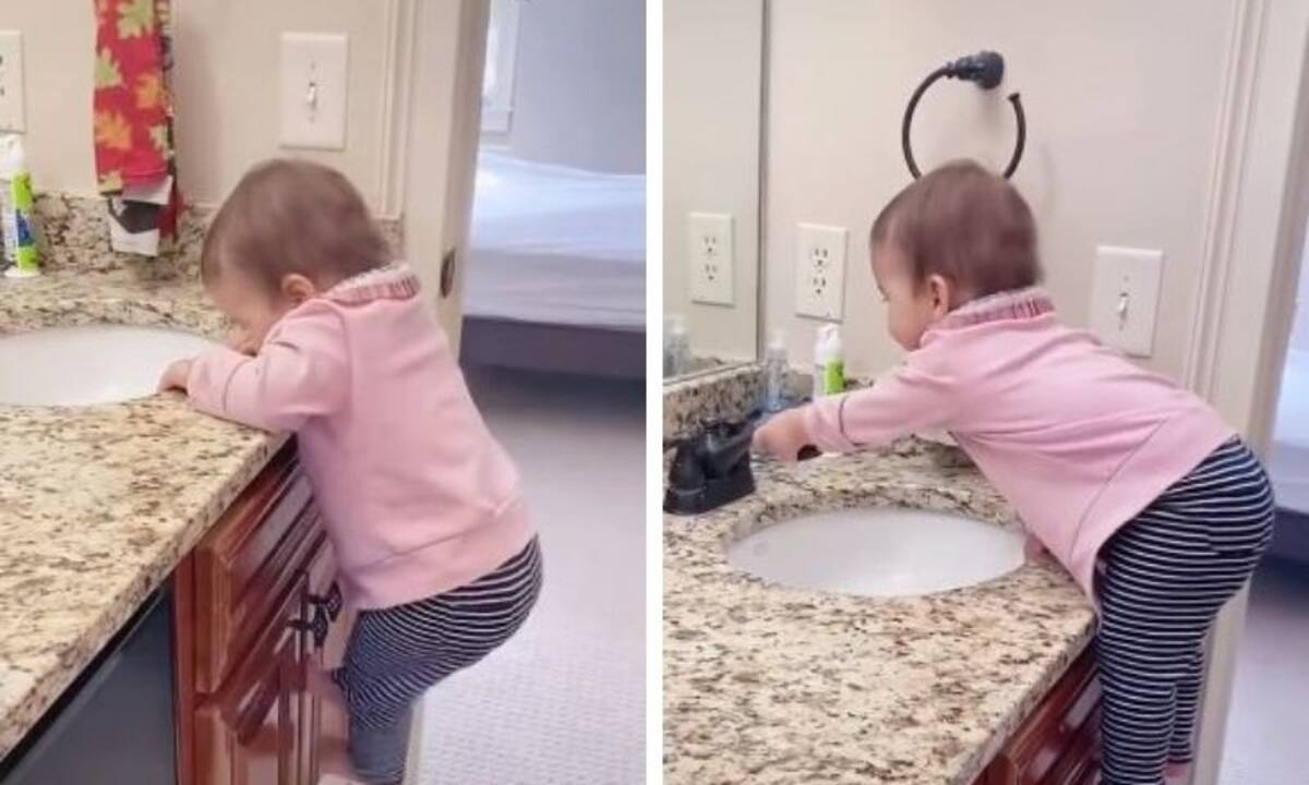 Αυτή η μπέμπα τρομερή! Σκαρφαλώνει επιδέξια στον νιπτήρα (vid)