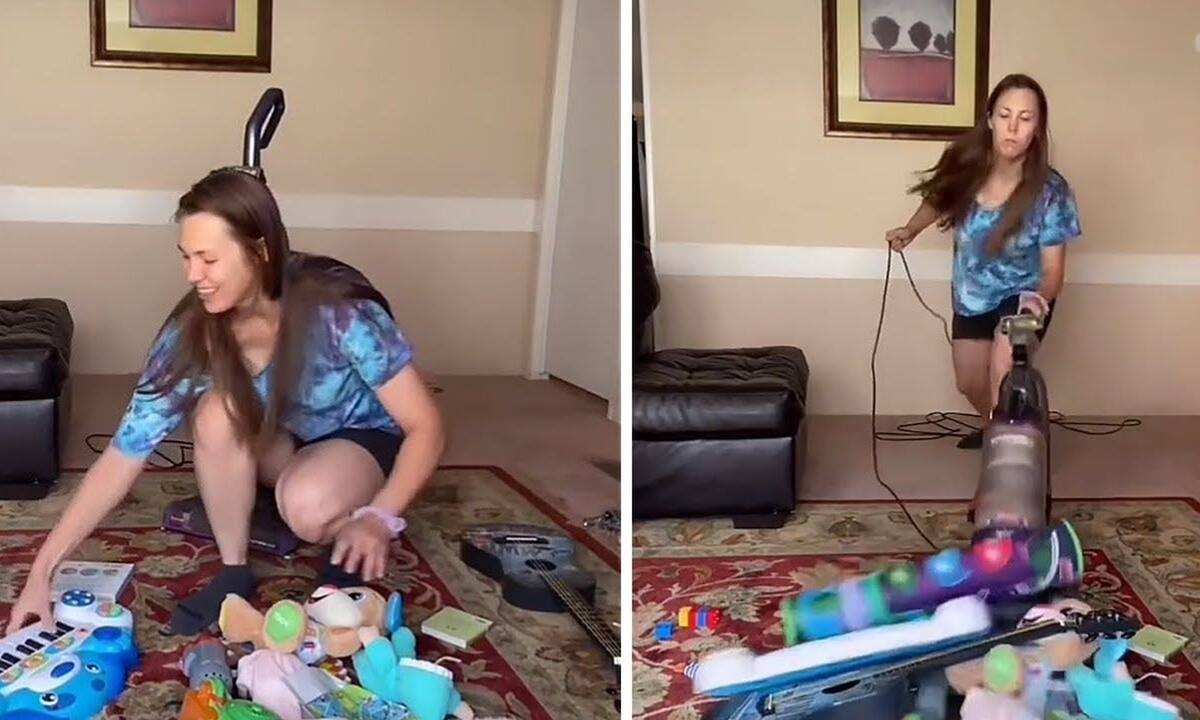 Μαμά δείχνει πώς σκούπιζε με την ηλεκτρική σκούπα πριν και μετά τα παιδιά