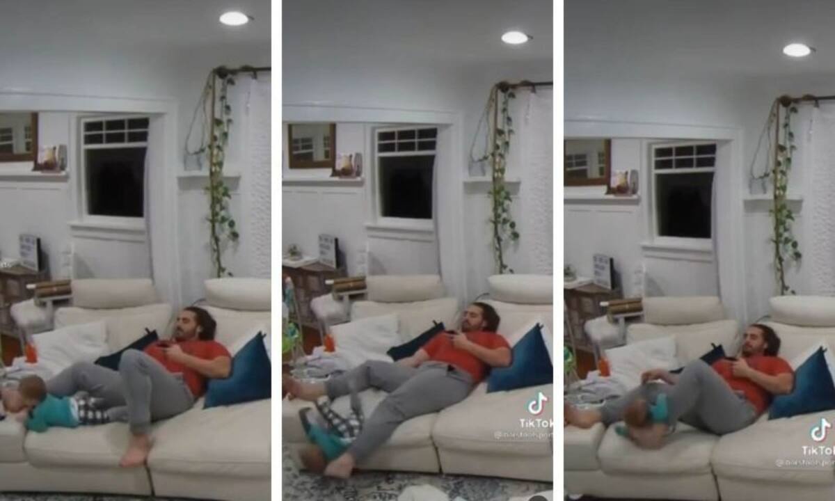 Μπαμπάς πιάνει με απίθανο τρόπο το μωρό πριν πέσει (vid)