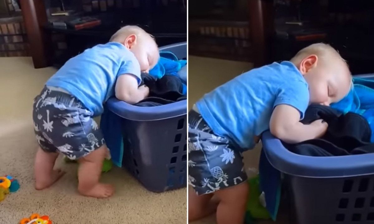 Νυσταγμένος μπόμπιρας αποκοιμιέται στο καλάθι με τη μπουγάδα