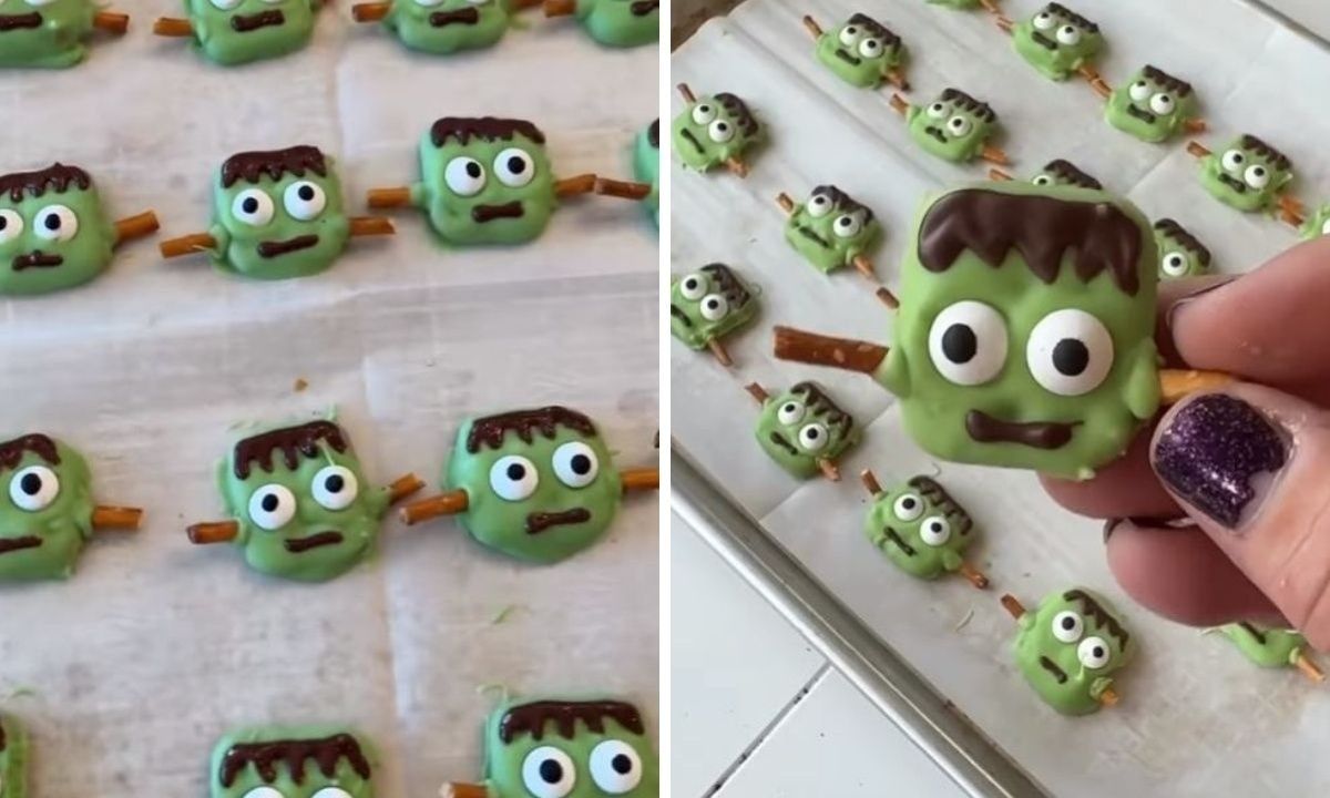 Frankenstein λιχουδιές με λευκή σοκολάτα και pretzel