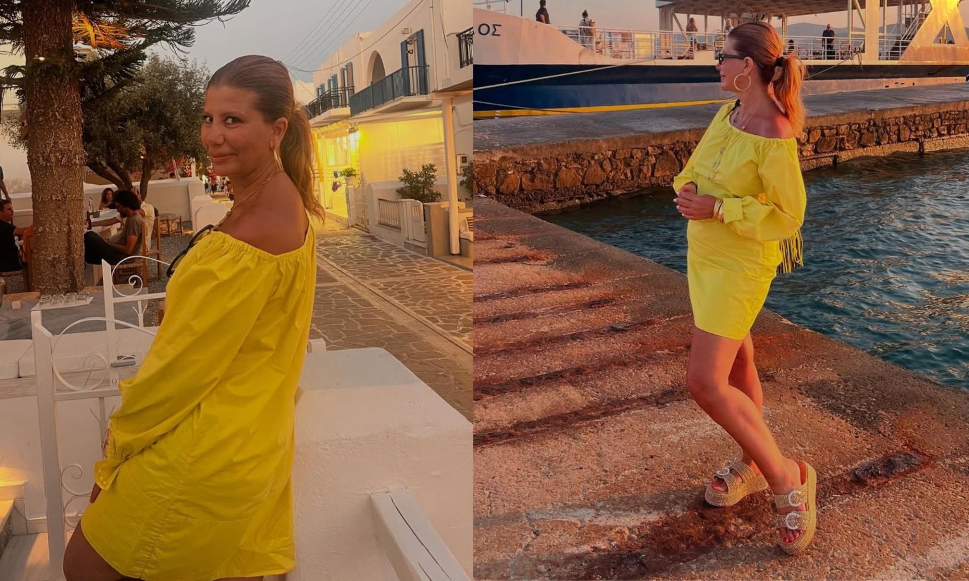 Ζήνα Κουτσελίνη: Η εντυπωσιακή εμφάνιση με off-shoulder φόρεμα στην Πάρο & φόντο το ηλιοβασίλεμα!