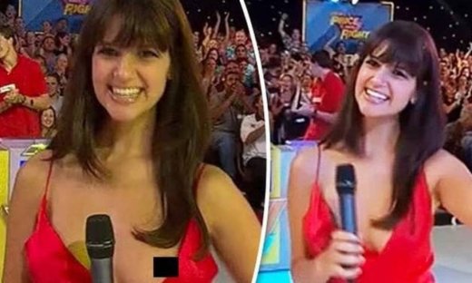 Παρουσιάστρια χωρίς εσώρουχο βάζει το μικρόφωνο ανάμεσα στα στήθη της και πέφτει το φόρεμα! (video)