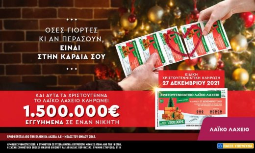 Λαϊκό Λαχείο: 1,5 εκατ. ευρώ εγγυημένα στον πρώτο νικητή της χριστουγεννιάτικης έκδοσης