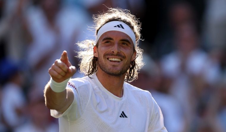 Stefanos Tsitsipas celebrates beating Andy Murray (not pictured) on day five of the 2023 Wimbledon Championships at the All England Lawn Tennis and Croquet Club in Wimbledon. Picture date: Friday July 7, 2023.