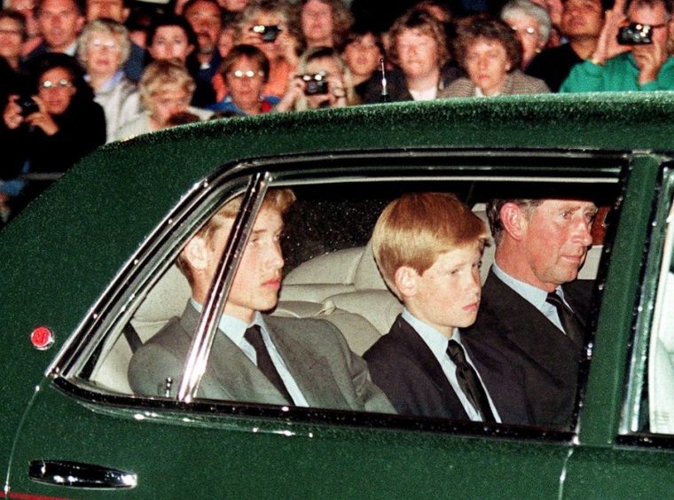 Prince Charles (R), former husband of Diana, their two sons, Harry (C) and William